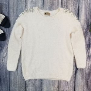 Katsumi Pearl Accented Shoulder Soft Fuzzy Ivory Pullover Sweater